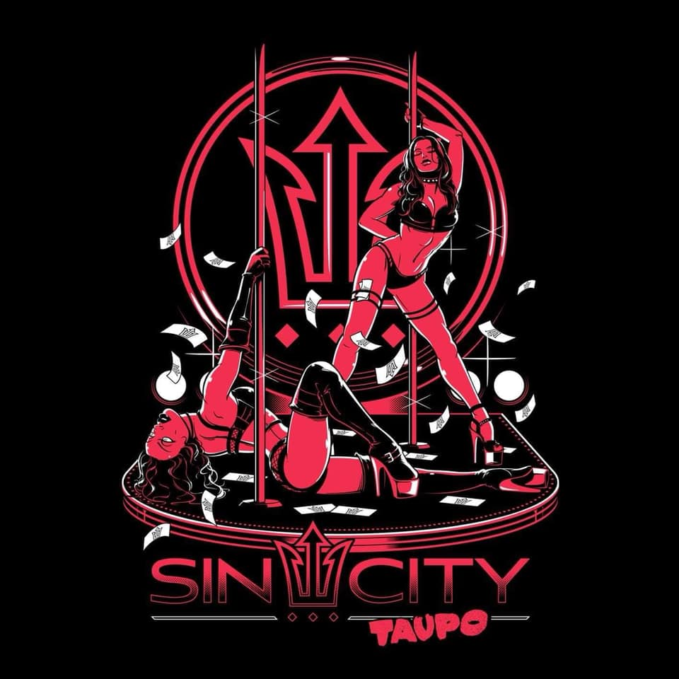 Sin City Taupo t-shirt design featuring pole dancers and trident logo